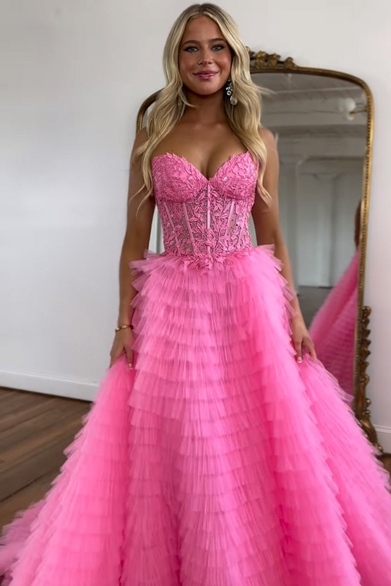 Queendancer Women Pink Corset Long Tiered Formal Dress with Slit
