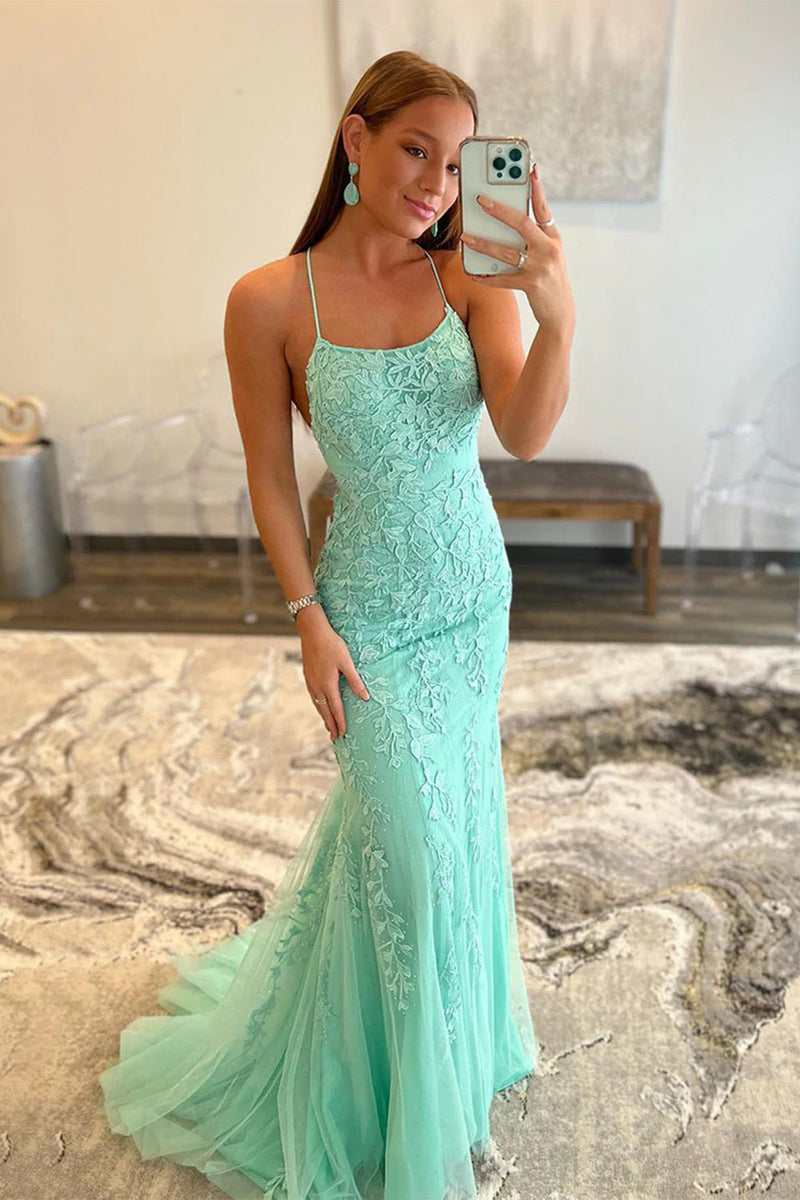 Load image into Gallery viewer, Blue Spaghetti Straps Mermaid Formal Dress With Appliques