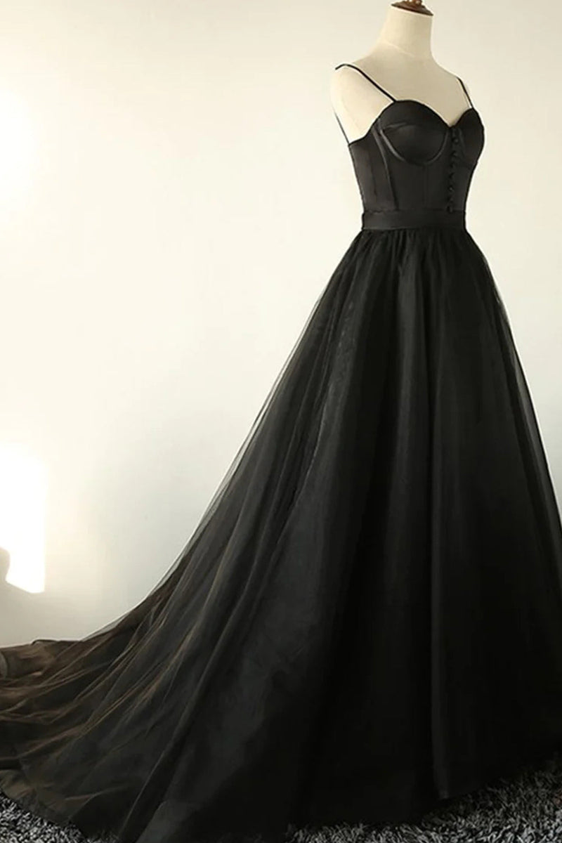 Queendancer Women Black Corset Long Formal Dress A-Line Tulle Party
