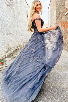 Charcoal Off the Shoulder Formal Dress with Appliques