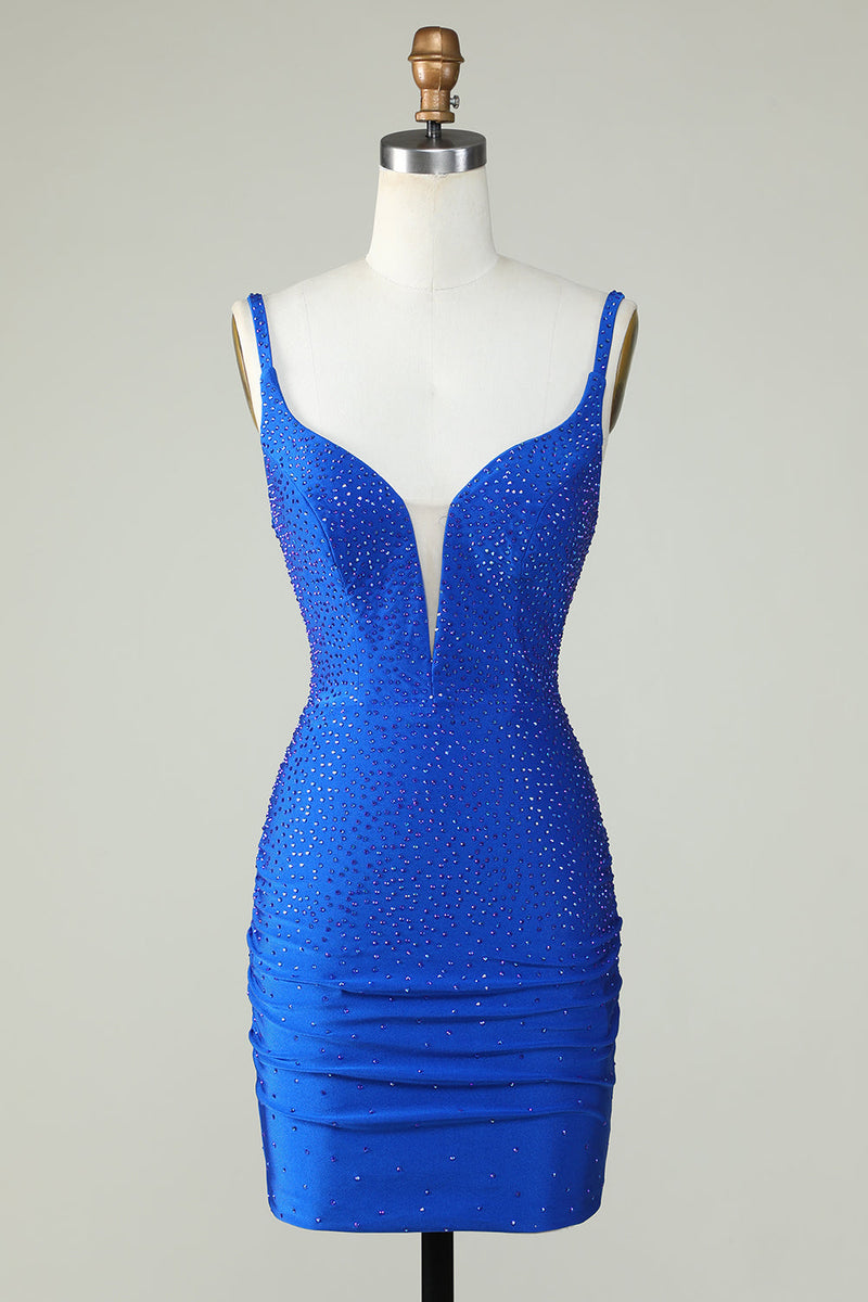 Load image into Gallery viewer, Bodycon Deep V Neck Royal Blue Short Formal Dress with Beading