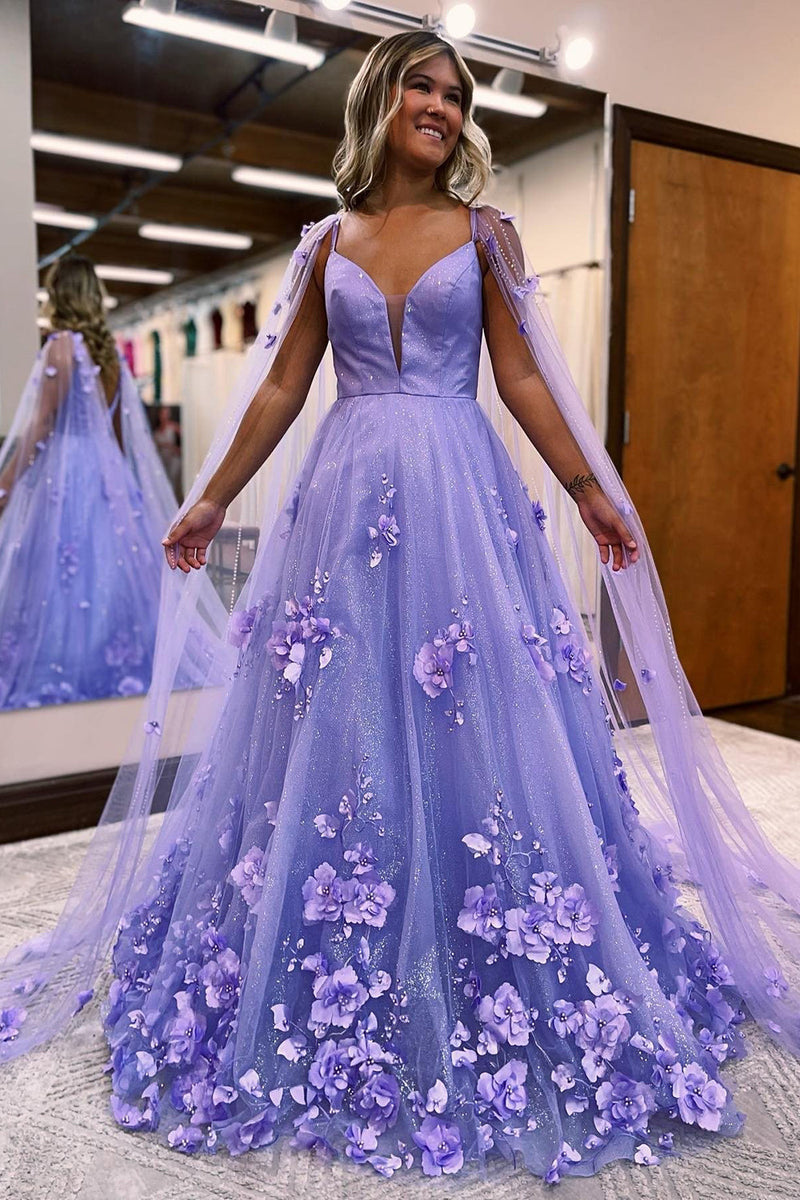 Load image into Gallery viewer, Glitter Purple A-Line Long Formal Dress with 3D Flowers
