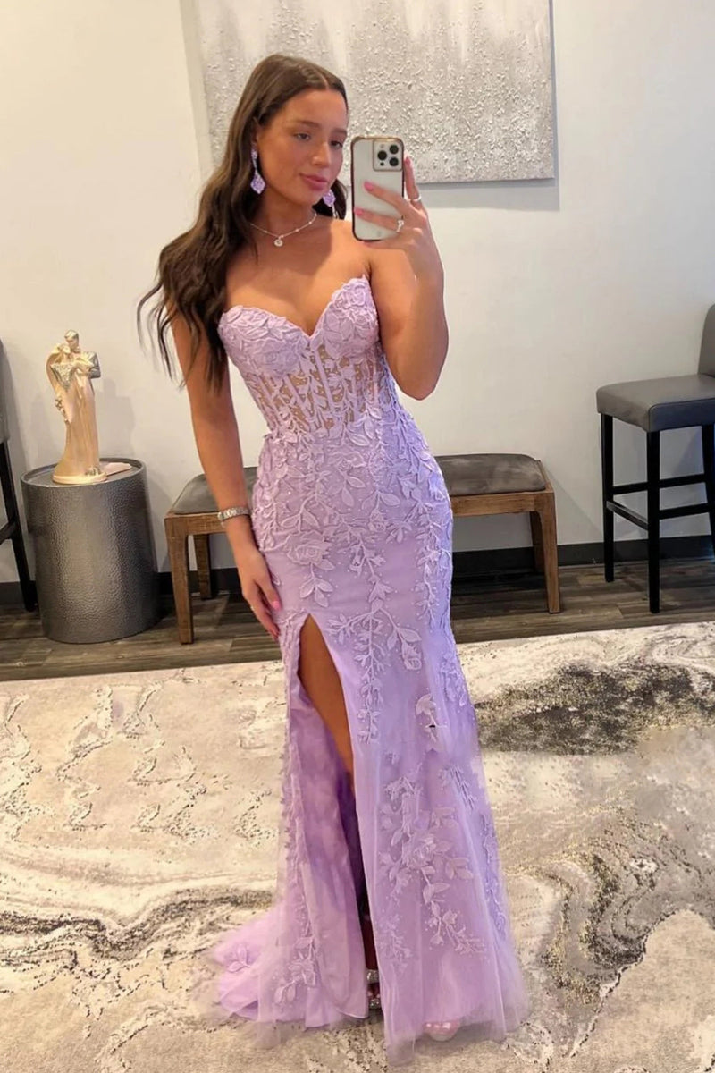 light purple corset dress Queendancer Women Purple Corset Long Formal Dress with Slit Mermaid Sweetheart Lace Party Dress – queendancerau