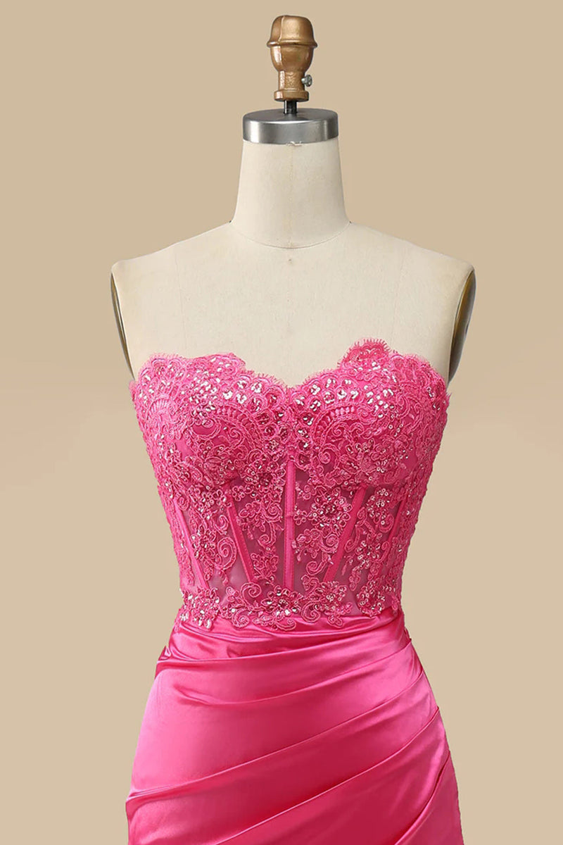 Queendancer Women Sparkly Hot Pink Corset Long Formal Dress with Slit