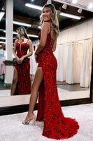 Load image into Gallery viewer, Sparkly Blue Sheath Sequins Long Formal Dress with Slit