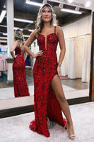 Load image into Gallery viewer, Sparkly Blue Sheath Sequins Long Formal Dress with Slit