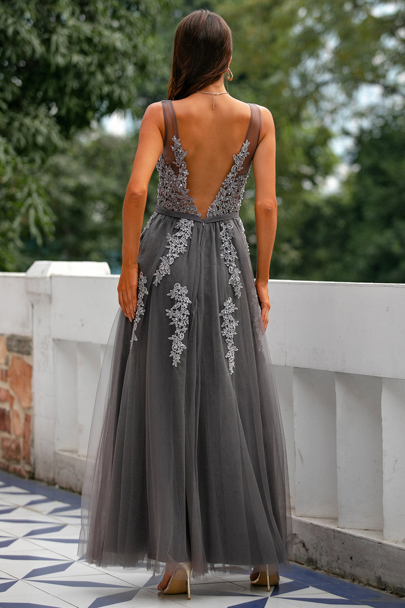 Load image into Gallery viewer, Grey Tulle Long Formal Dress with Appliques