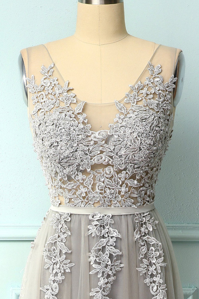Load image into Gallery viewer, A-Line Grey Long Formal Dress with Appliques