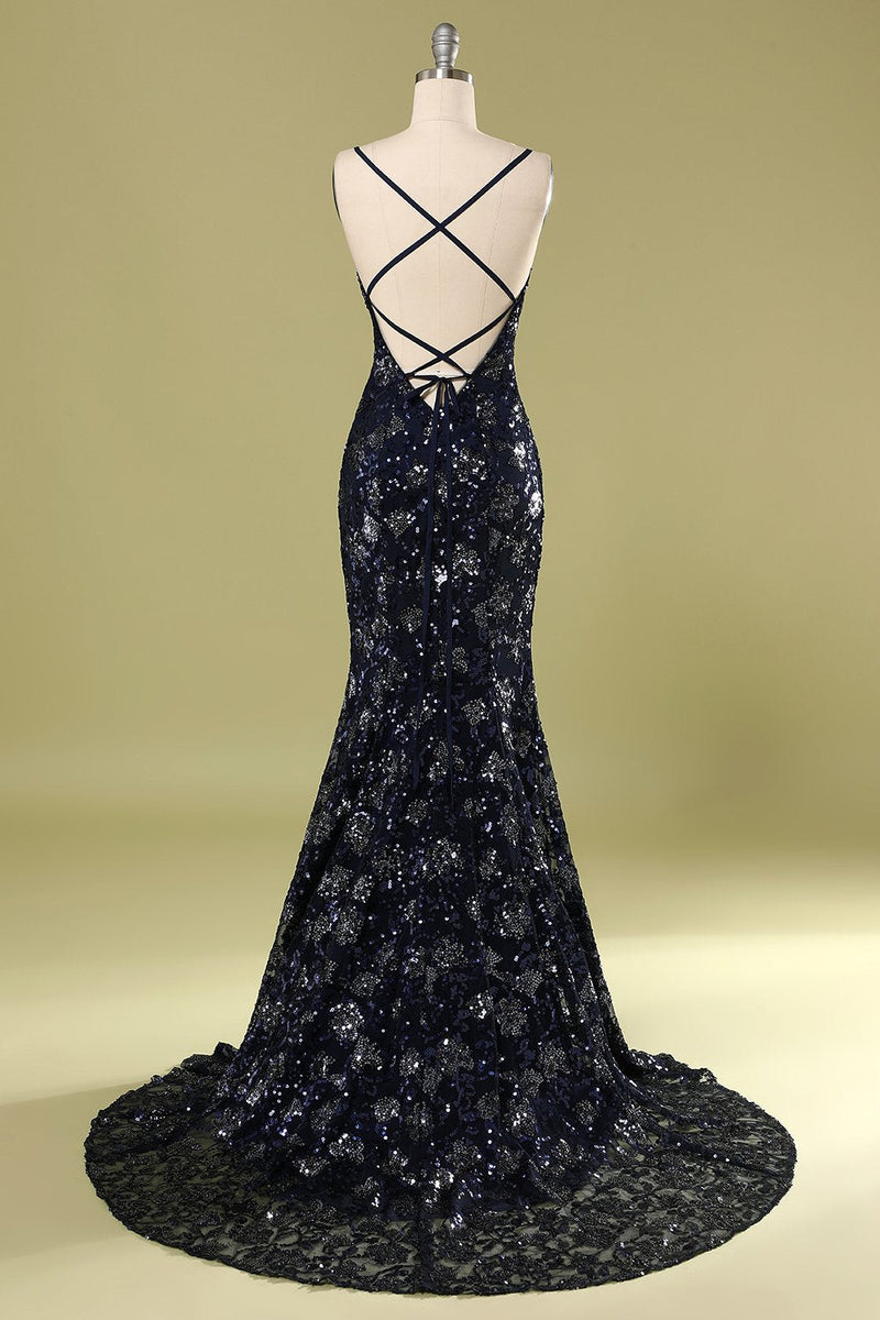 Load image into Gallery viewer, Mermaid Sparkly Navy Long Formal Dress with Sequins