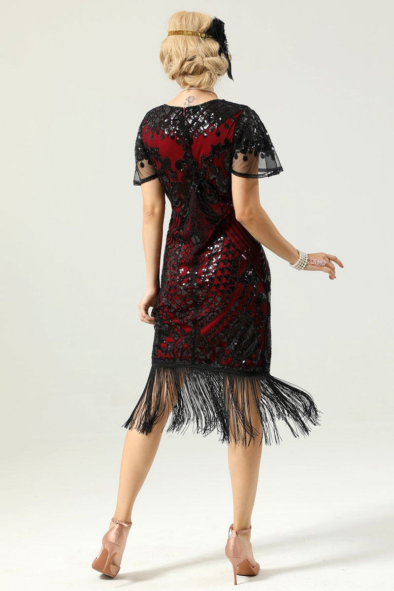 Load image into Gallery viewer, 1920 Black&Red Sequins Dress with Batwing Sleeves
