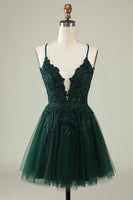 Load image into Gallery viewer, A Line Spaghetti Straps Grey Blue Short Formal Dress with Appliques