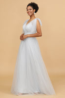Load image into Gallery viewer, Grey Tulle V-Neck A-Line Bridesmaid Dress