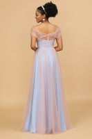 Load image into Gallery viewer, Pink&Blue A Line Spaghetti Straps Tulle Long Bridesmaid Dress