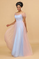 Load image into Gallery viewer, Pink&Blue A Line Spaghetti Straps Tulle Long Bridesmaid Dress