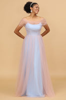Load image into Gallery viewer, Pink&Blue A Line Spaghetti Straps Tulle Long Bridesmaid Dress