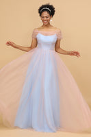 Load image into Gallery viewer, Pink&Blue A Line Spaghetti Straps Tulle Long Bridesmaid Dress