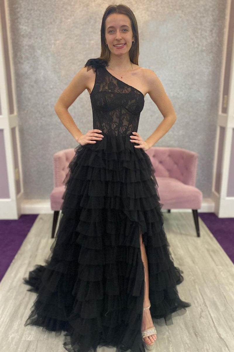 Load image into Gallery viewer, Red One Shoulder Corset Tiered Long Formal Dress with Ruffles