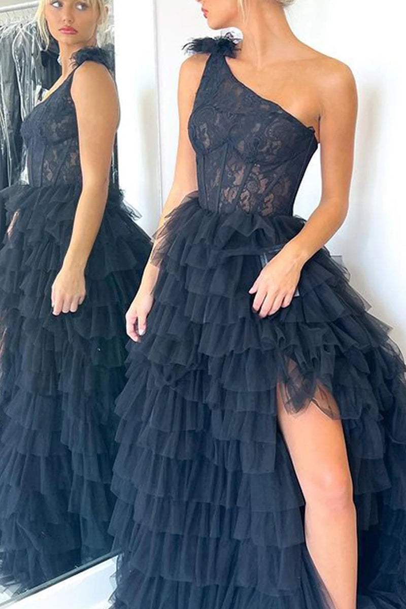 Load image into Gallery viewer, Red One Shoulder Corset Tiered Long Formal Dress with Ruffles