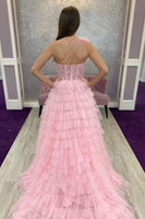 Load image into Gallery viewer, Red One Shoulder Corset Tiered Long Formal Dress with Ruffles