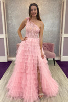 Load image into Gallery viewer, Red One Shoulder Corset Tiered Long Formal Dress with Ruffles