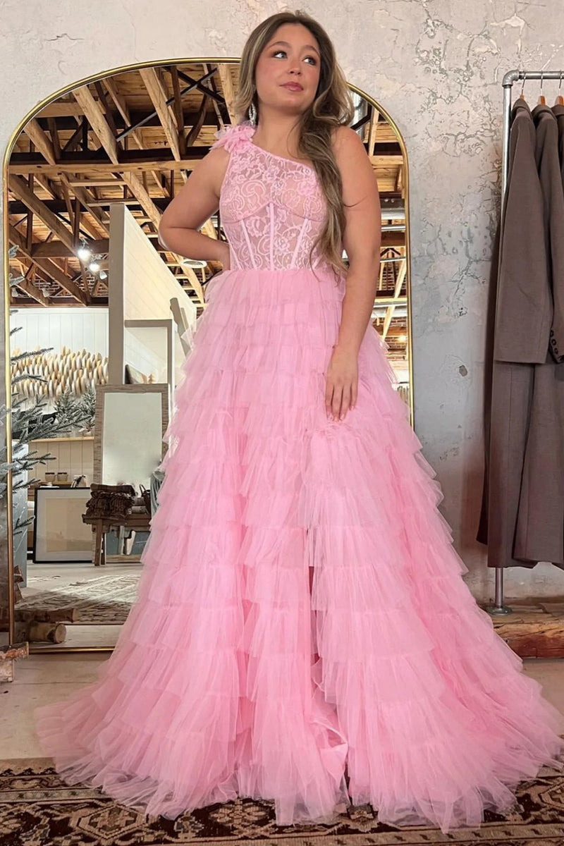 Load image into Gallery viewer, Red One Shoulder Corset Tiered Long Formal Dress with Ruffles