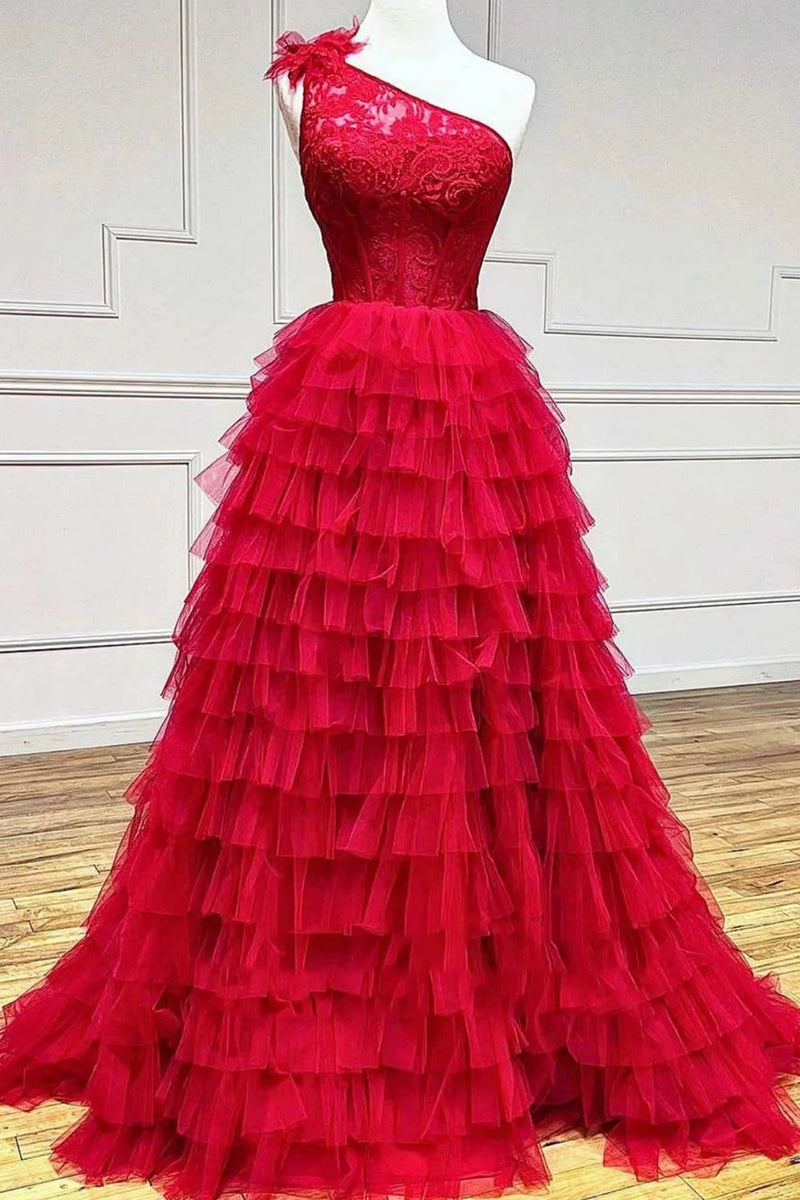 Load image into Gallery viewer, Red One Shoulder Corset Tiered Long Formal Dress with Ruffles