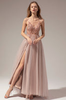 Load image into Gallery viewer, Tulle Spaghetti Straps Grey Blue Long Formal Dress with Slit