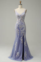 Load image into Gallery viewer, Glitter Blue Mermaid Lace Long Formal Dress with Slit