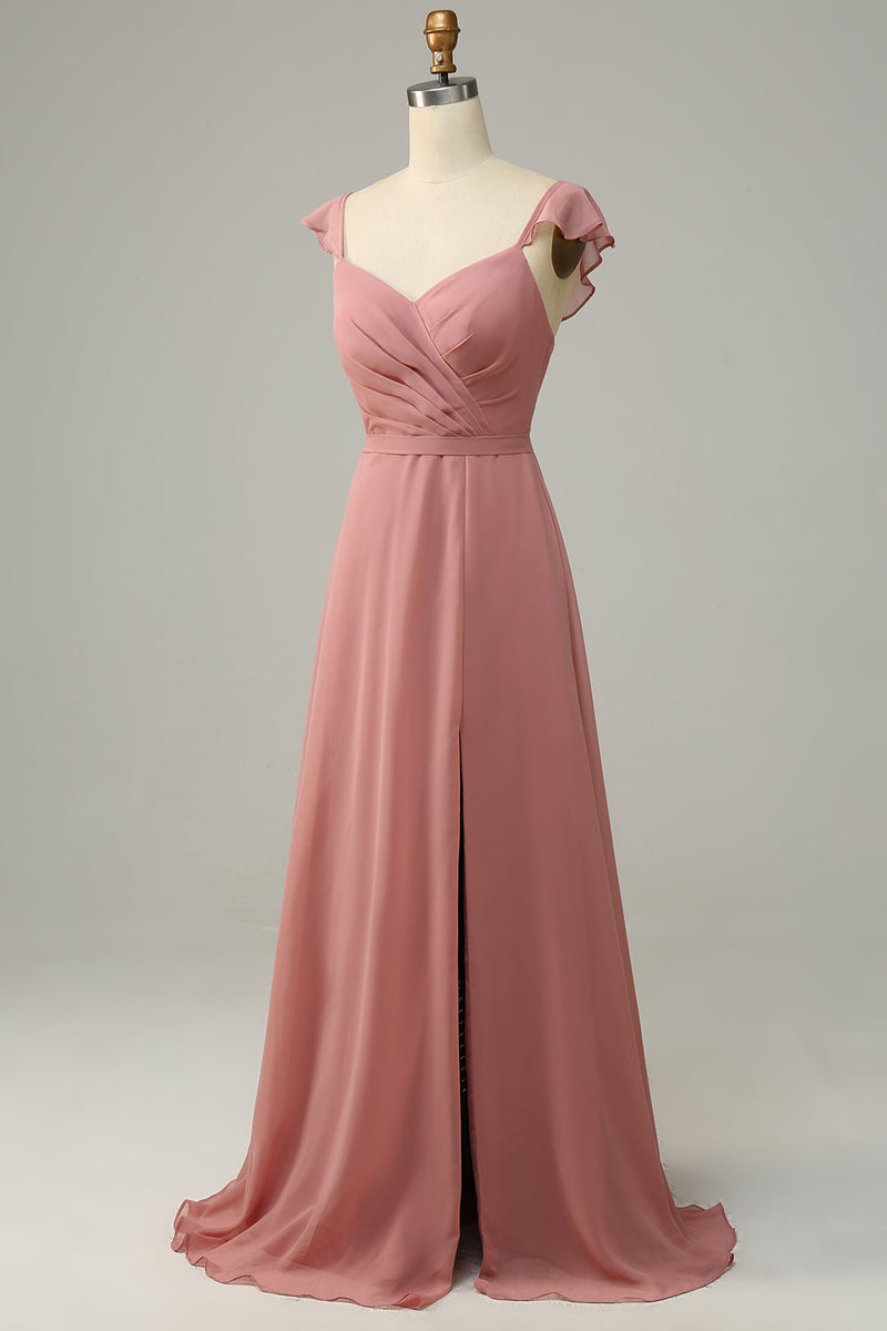 Load image into Gallery viewer, Dusty Rose A Line Ruffles Long Bridesmaid Dress With Slit