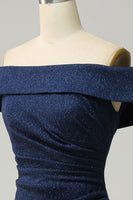Load image into Gallery viewer, Navy Off The Shoulder Sparkly Sheath Long Bridesmaid Dress