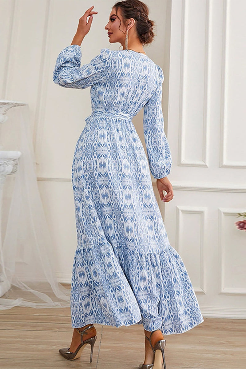 Load image into Gallery viewer, A-Line Blue Long Formal Dress with Long Sleeves