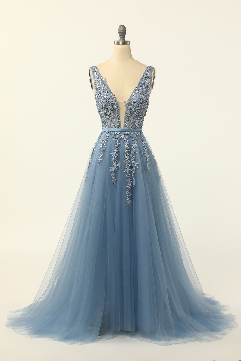 Load image into Gallery viewer, Blue Tulle Formal Dress with Appliques