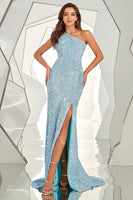 Load image into Gallery viewer, One Shoulder Sequined Mermaid Long Formal Dress