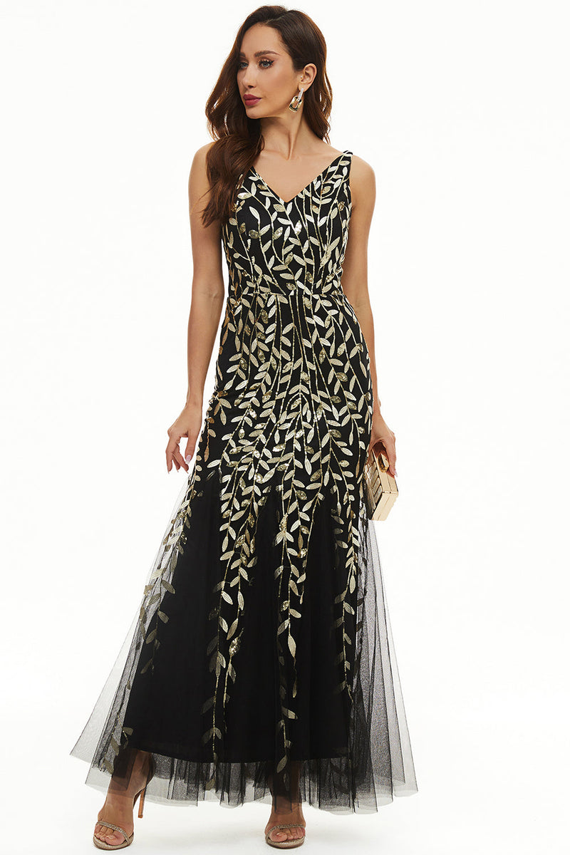 Load image into Gallery viewer, Leaves Sequins Tulle Long Formal Dress