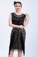 Load image into Gallery viewer, Black Glitter Sequins Flapper Dress with Fringes