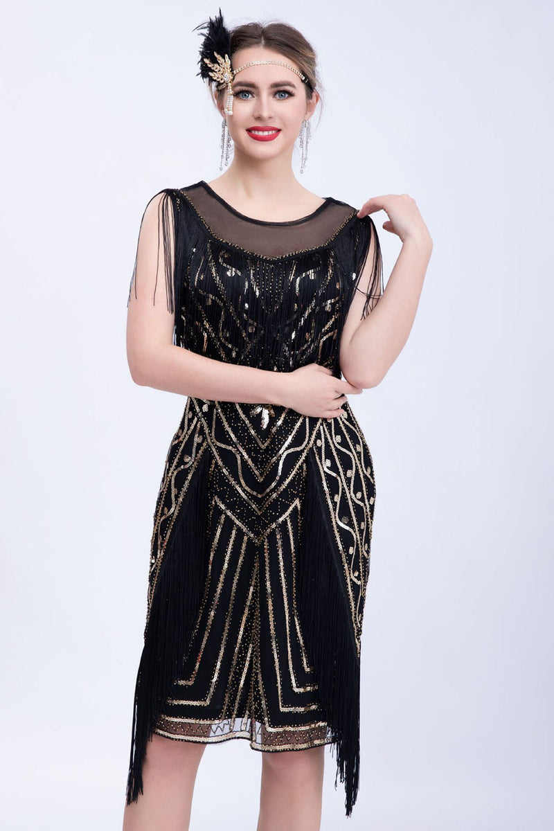 Load image into Gallery viewer, Black Glitter Sequins Flapper Dress with Fringes