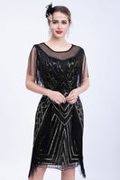 Load image into Gallery viewer, Black Glitter Sequins Flapper Dress with Fringes