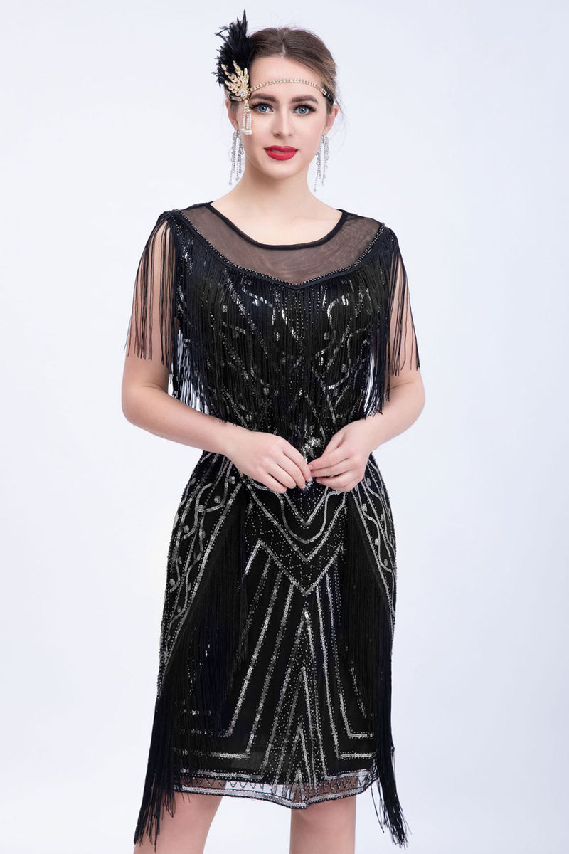 Load image into Gallery viewer, Black Glitter Sequins Flapper Dress with Fringes