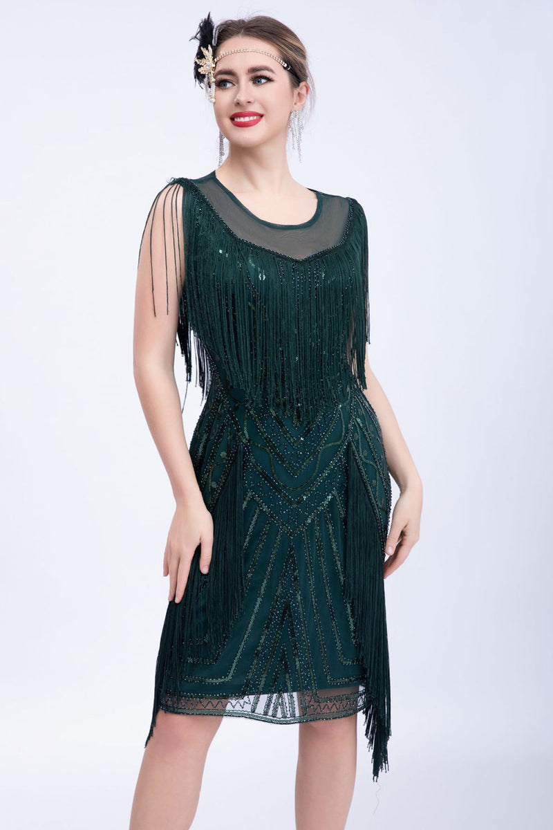Load image into Gallery viewer, Black Glitter Sequins Flapper Dress with Fringes