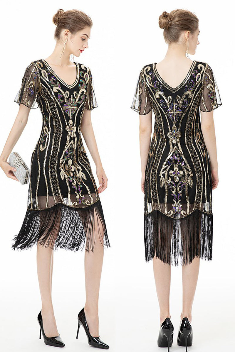 Load image into Gallery viewer, Black Fringes Sparkly 1920s Dress with Short Sleeves