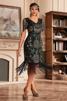 Load image into Gallery viewer, Black Golden V Neck Fringe 1920s Gatsby Dress With Sequins