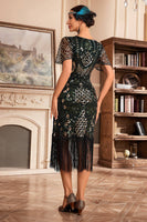 Load image into Gallery viewer, Black Golden V Neck Fringe 1920s Gatsby Dress With Sequins