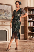 Load image into Gallery viewer, Black Golden V Neck Fringe 1920s Gatsby Dress With Sequins