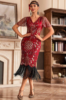 Load image into Gallery viewer, Dark Green V Neck Fringe 1920s Gatsby Dress With Sequins