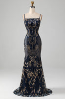 Load image into Gallery viewer, Sparkly Navy Spaghetti Straps Mermaid Formal Dress