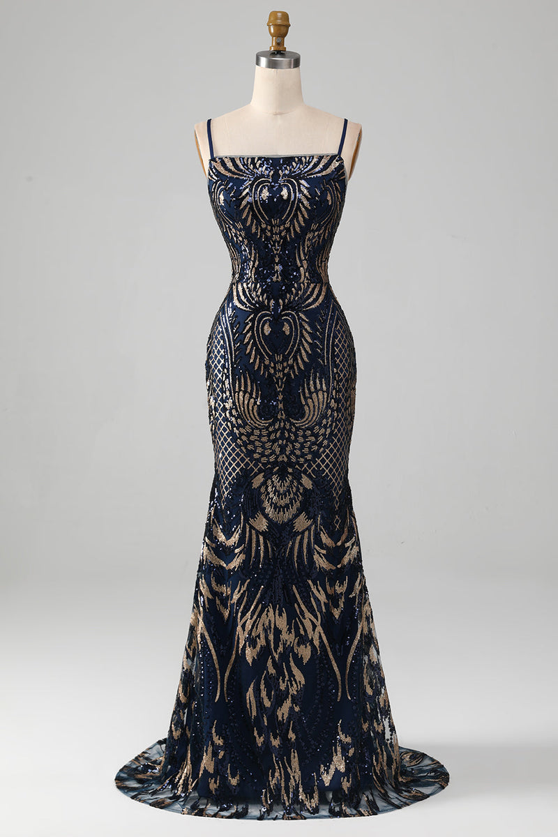 Load image into Gallery viewer, Sparkly Navy Spaghetti Straps Mermaid Formal Dress