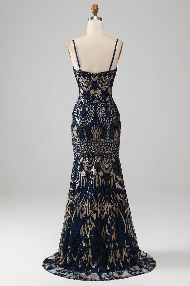 Load image into Gallery viewer, Sparkly Navy Spaghetti Straps Mermaid Formal Dress