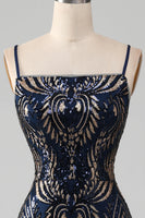 Load image into Gallery viewer, Sparkly Navy Spaghetti Straps Mermaid Formal Dress