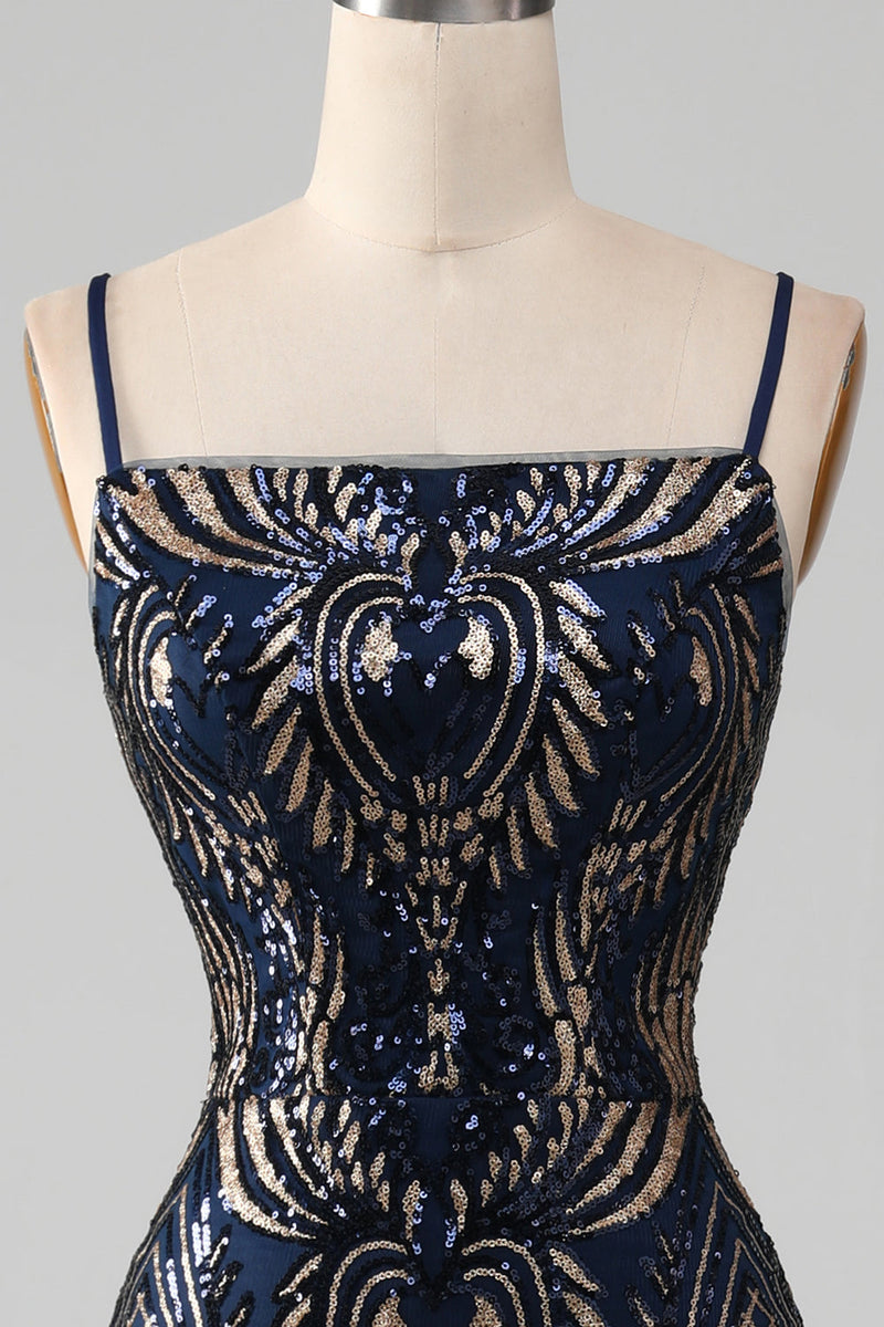 Load image into Gallery viewer, Sparkly Navy Spaghetti Straps Mermaid Formal Dress