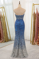 Load image into Gallery viewer, Sparkly Blue Sequined Mermaid Strapless Long Formal Dress